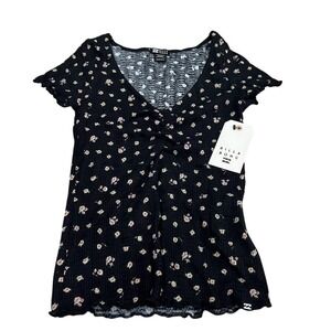 NWT Billabong Women's XS Floral V-Neck Short Sleeve Waffle Knit Top Multicolor
